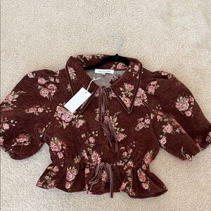 Floral Puff Sleeve Blouse - Brown